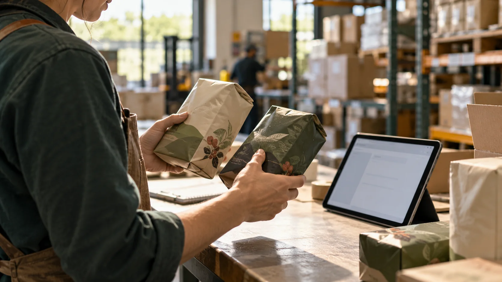 Warehouse worker inspecting packaged coffee products beside a tablet